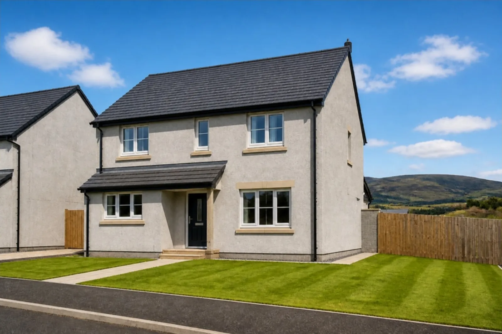 Grey harled detached new-build with a newly turfed striped front lawn and hills behind