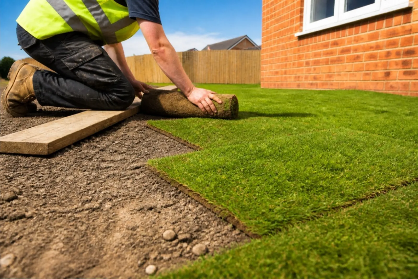 Turf being unrolled in staggered rows on levelled soil beside a newly built brick house