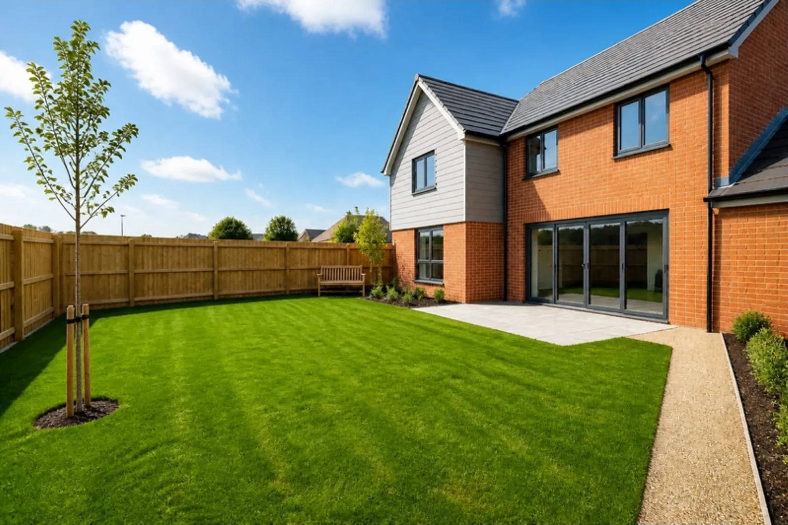 Back garden of a new-build home with an even new lawn, a young staked tree and a patio by the house