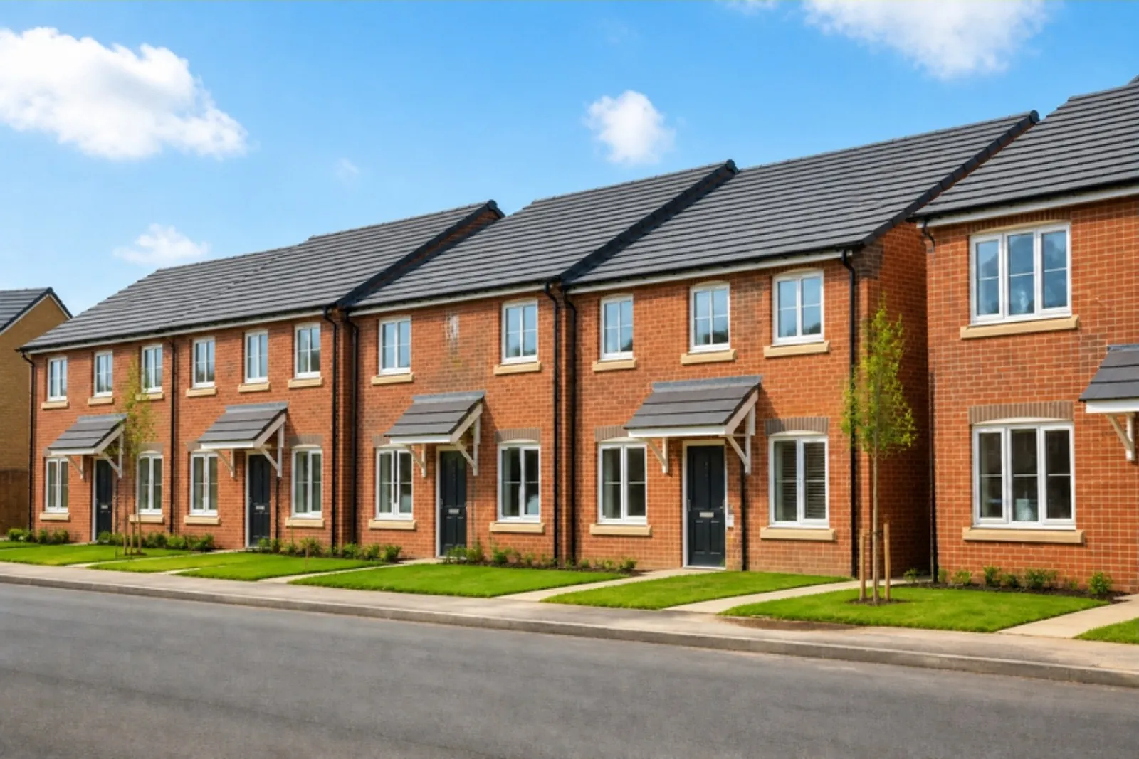 Row of new red brick terraced homes, each with a small freshly turfed front lawn