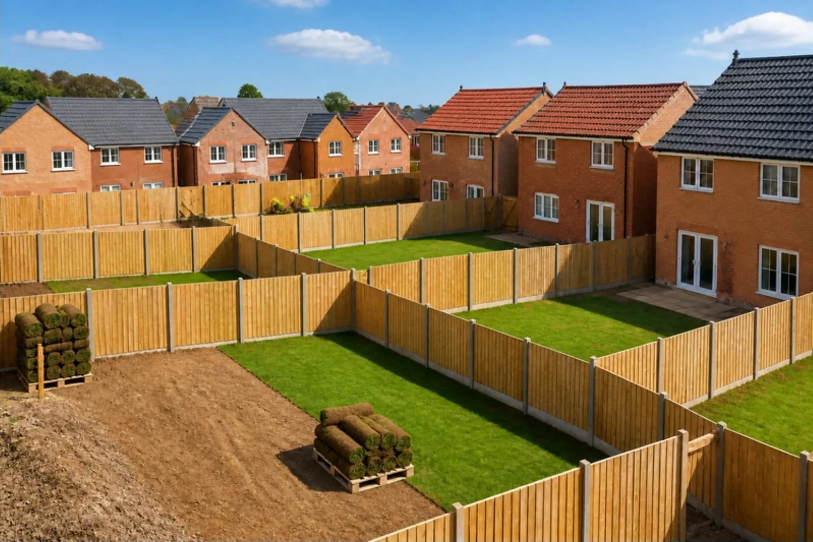 Row of new-build back gardens on an estate, some turfed and one bare plot with turf rolls on a pallet
