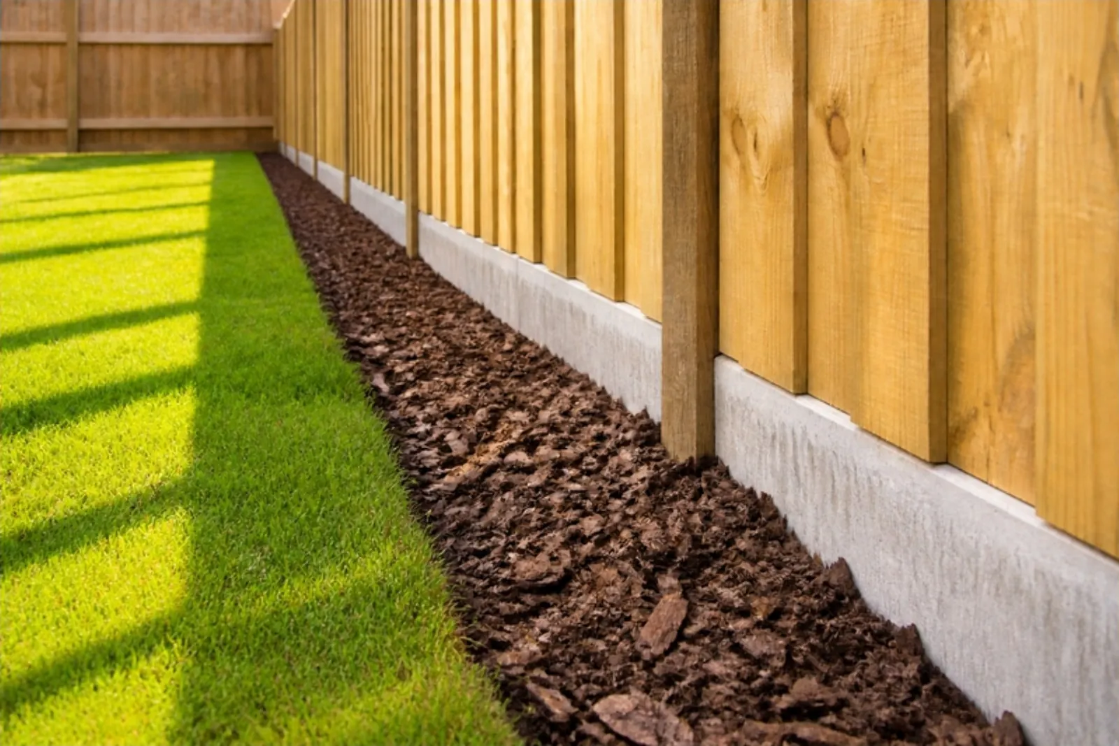 Close-up of a neat new turf edge running along a feather-edge fence and a strip of bark