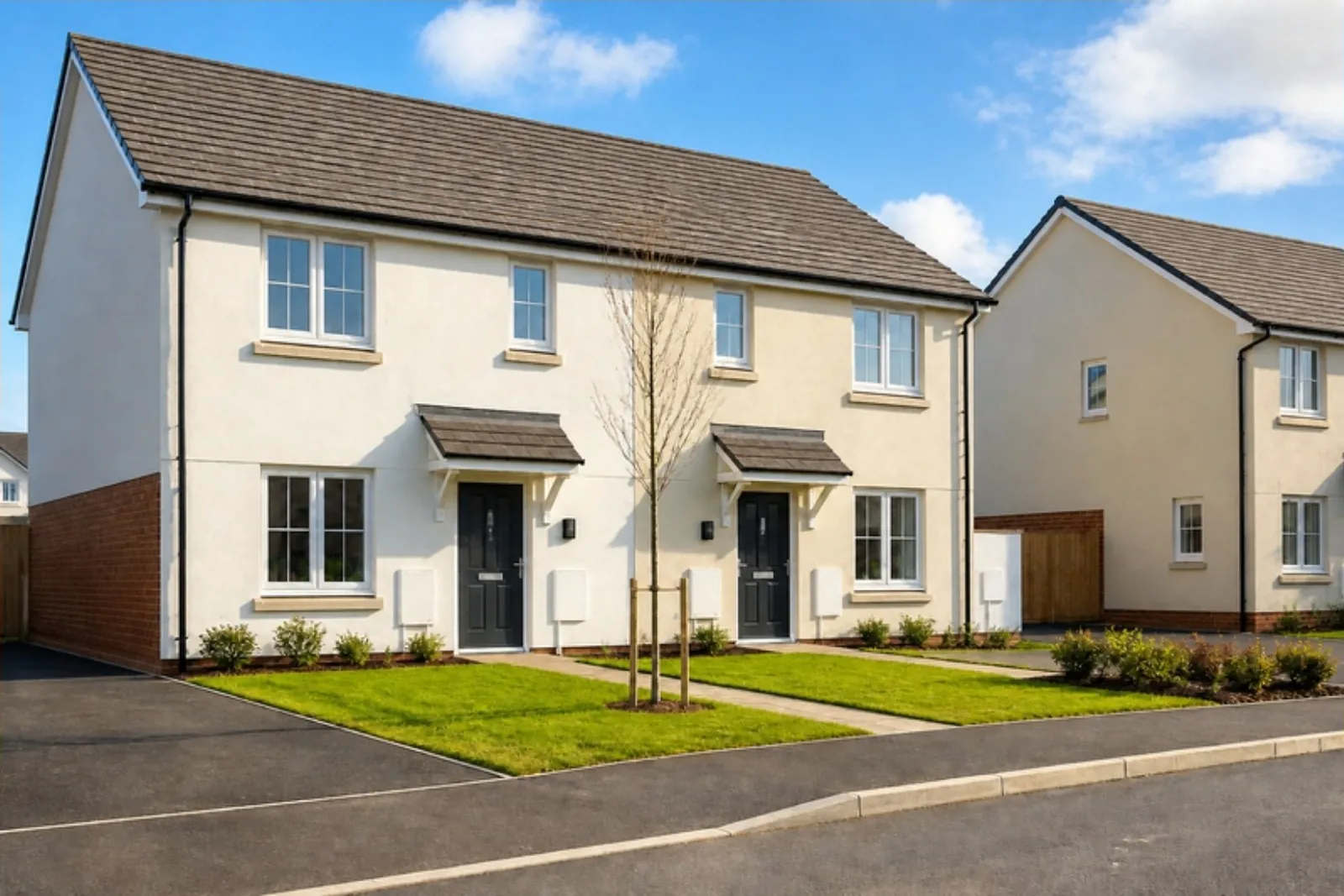 Pair of cream-rendered new-build semis with new turf front lawns and tarmac drives