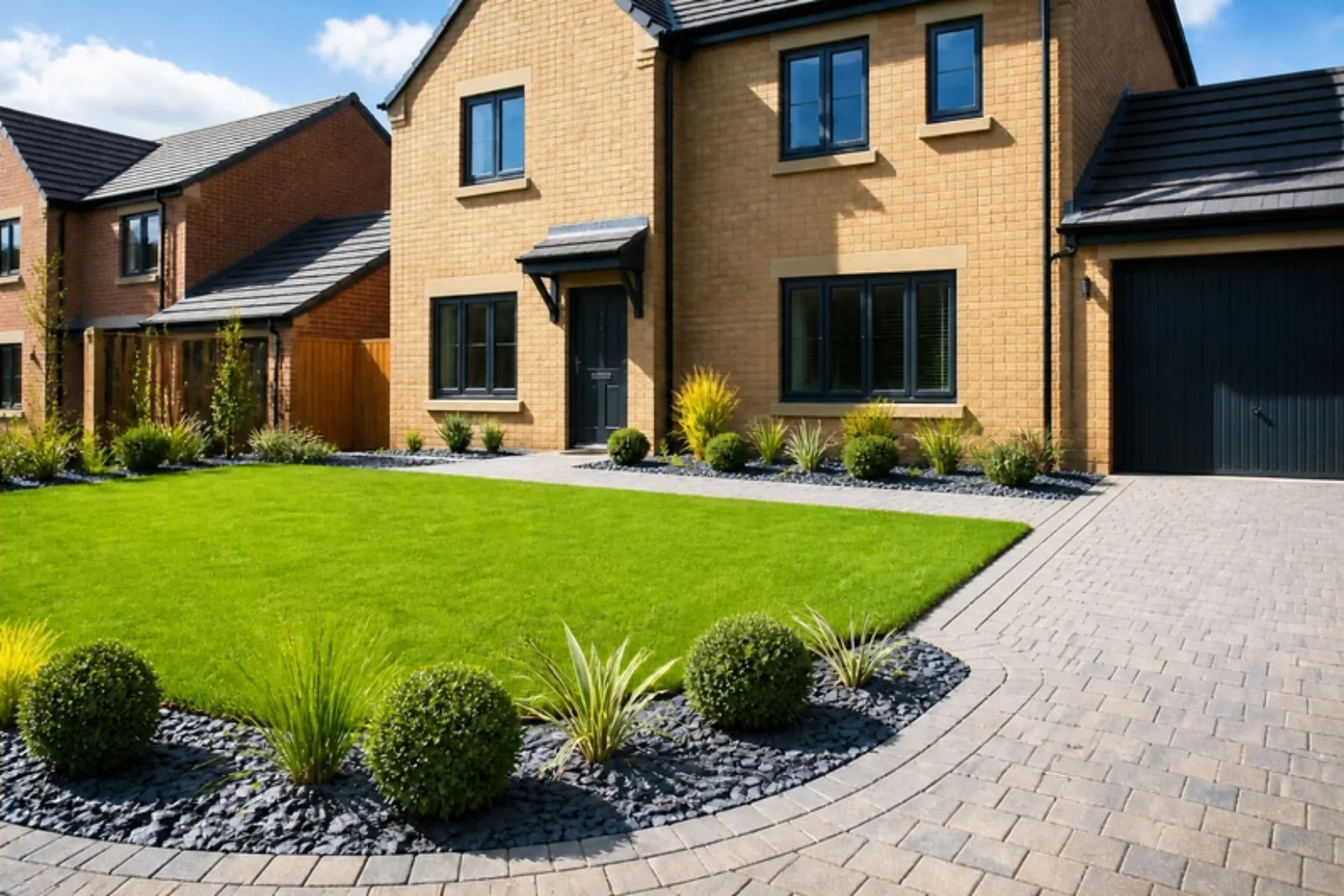 Crisp-edged front lawn with a slate-mulched border and block-paved drive at a buff brick new-build