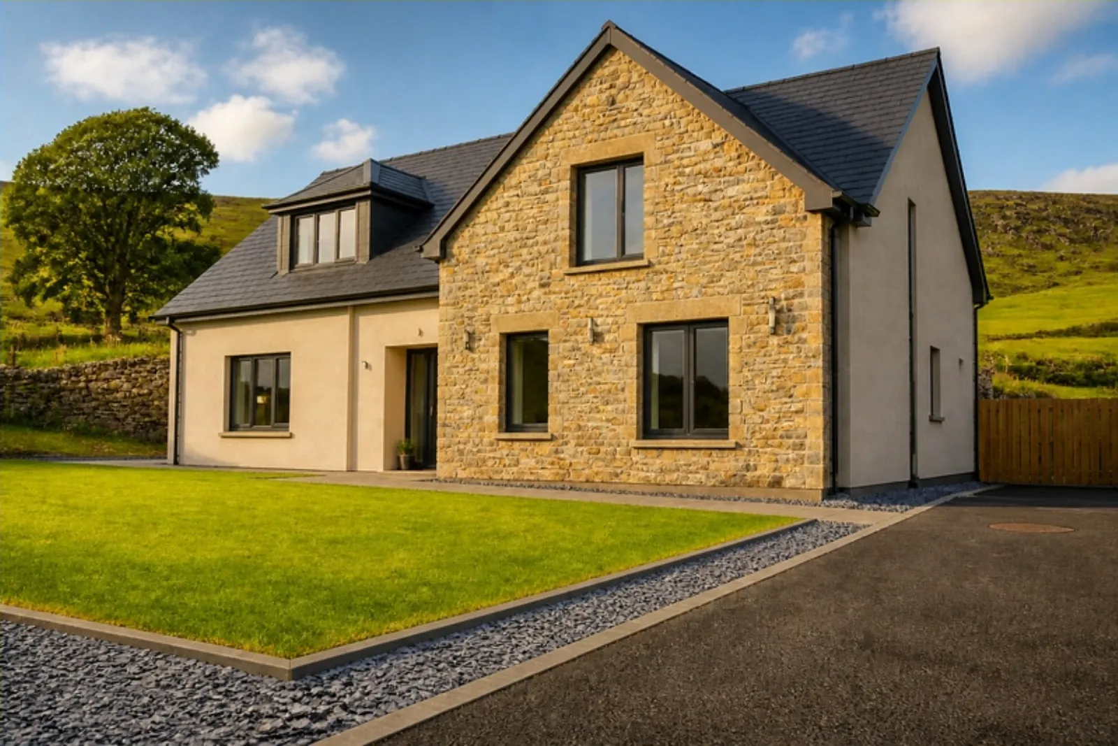 New-build house with a stone gable front and grey render, a fresh front lawn and a green hillside