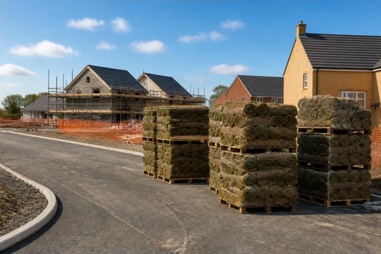 Pallets of rolled turf on a new estate road with houses still under construction behind